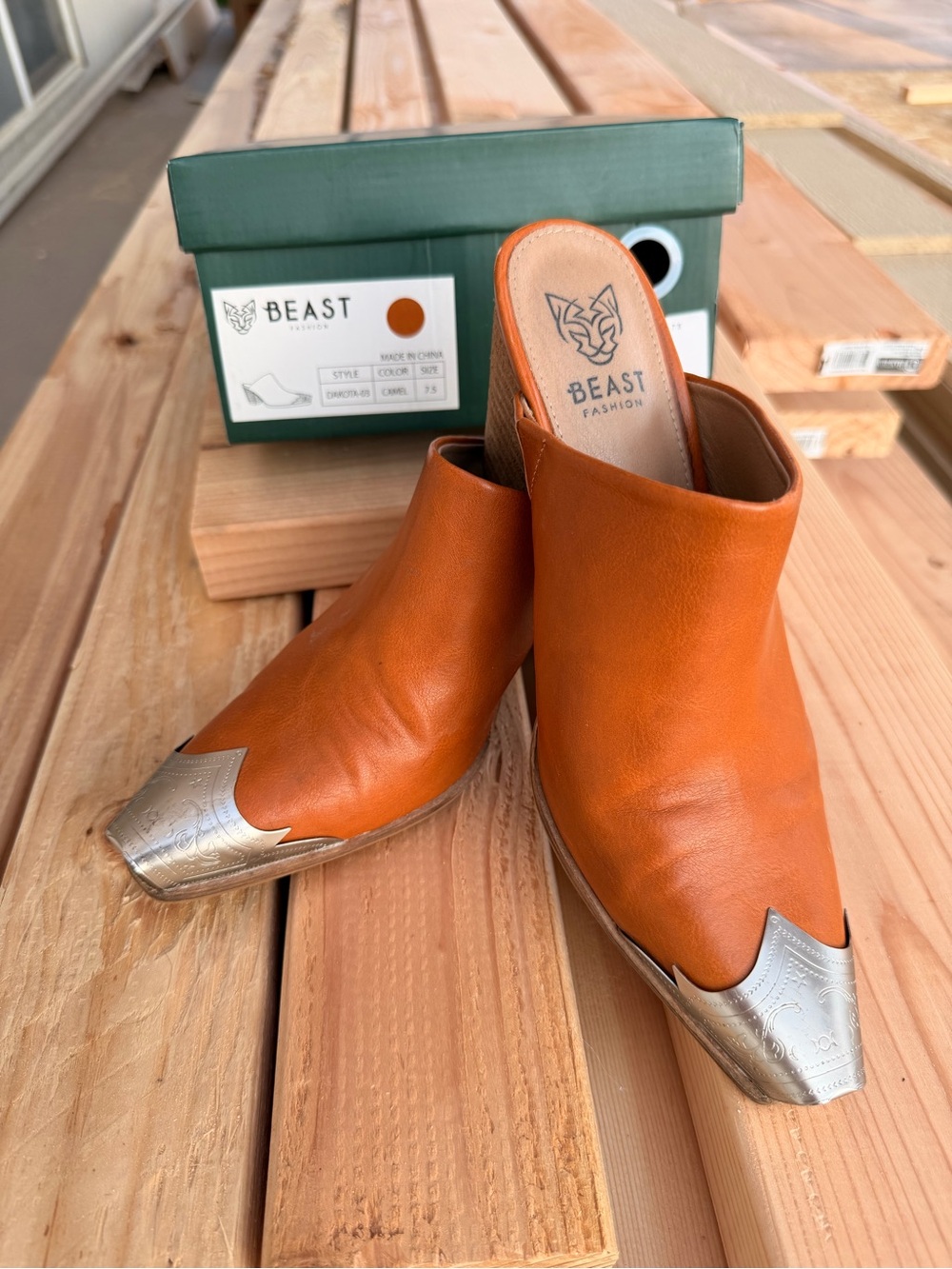 BEAST FASHION Orange Leather Slip-On Mules with Silver Metal Toe Cap